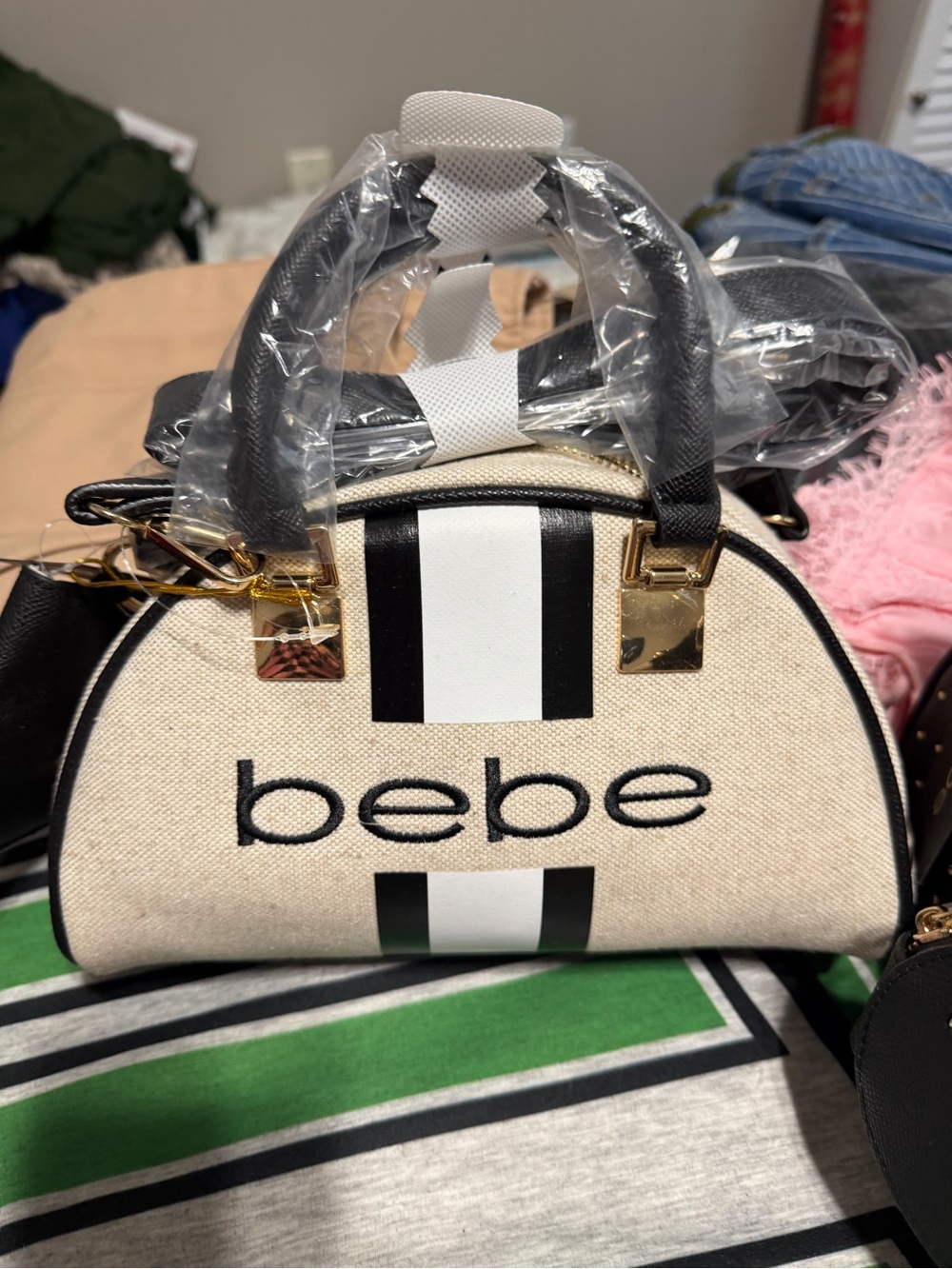 bebe Cream and Black Canvas Dome Mini Satchel